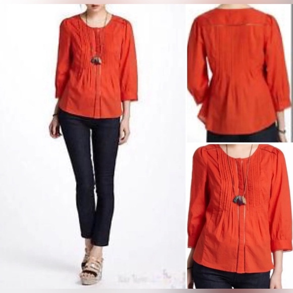 NWOT ANTHROPOLOGIE Meadow Rue Womens Fluted 3/4 Sleeve Pleated Cotton Button Top - Picture 2 of 8